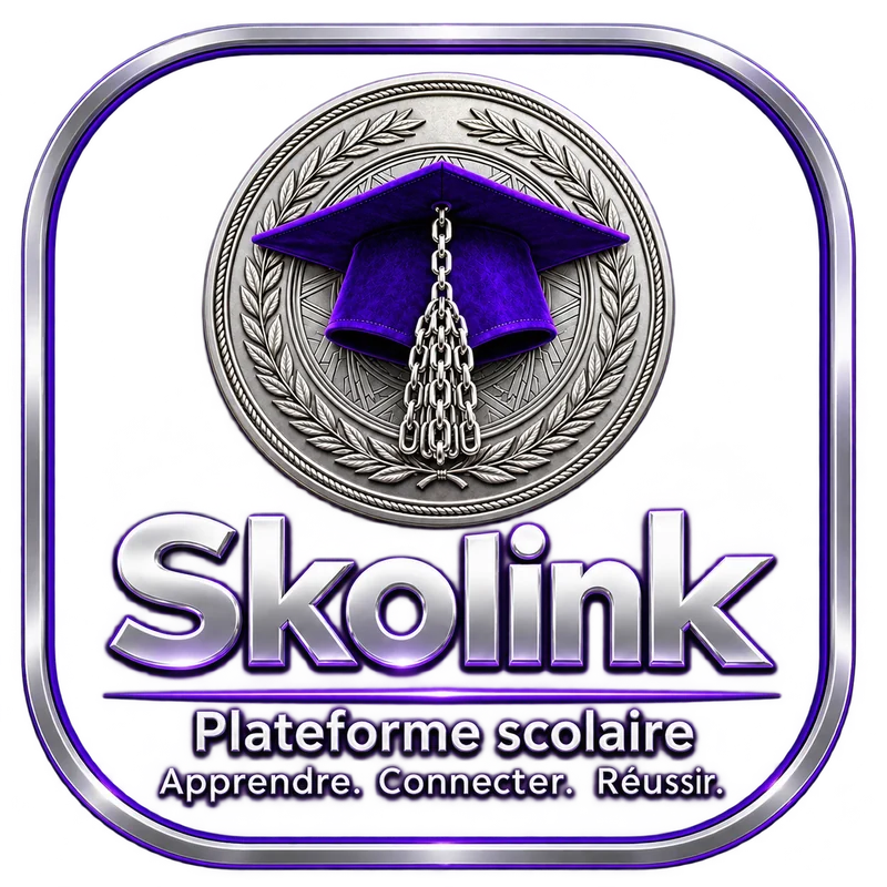 Logo Skolink — sceau argenté avec bonnet de diplômé violet, « Skolink — Plateforme scolaire. Apprendre. Connecter. Réussir. »